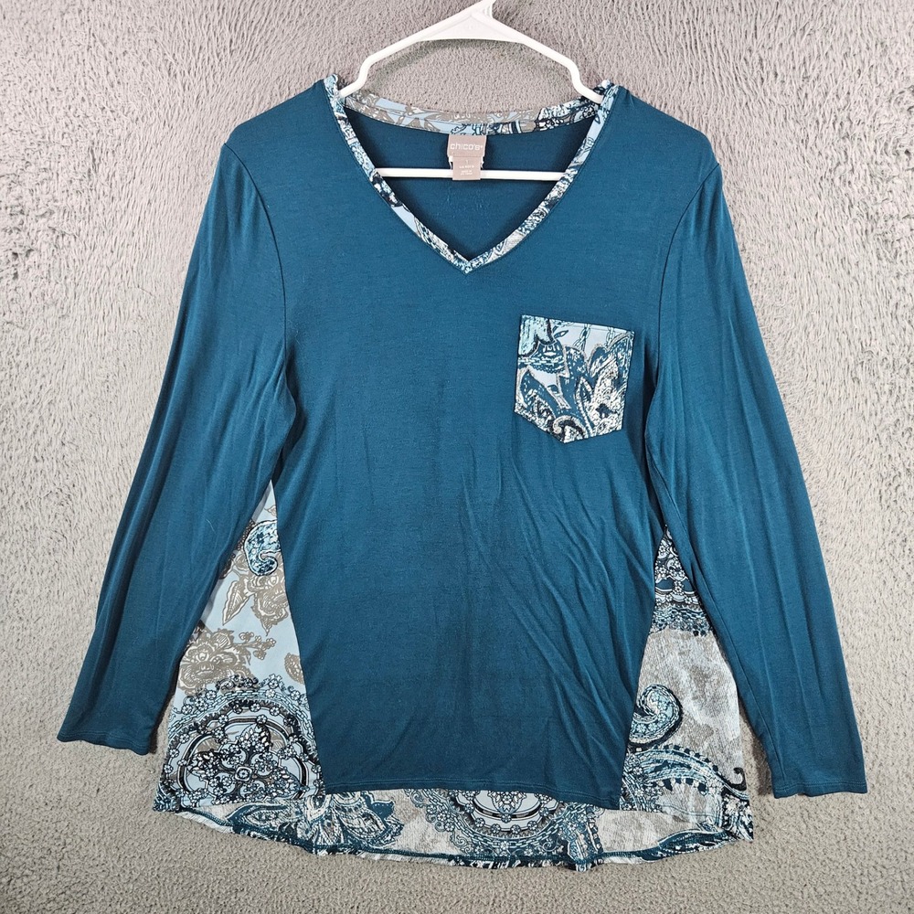 Chicos Teal Blue Paisley Mixed Media V-Neck Long Sleeve Tunic Top Size 1 M